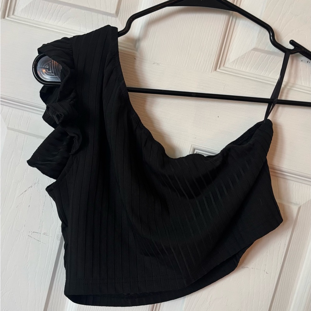 Black Ribbed One Shoulder Cropped Top - AT LOWEST RECOMMENDED LISTING